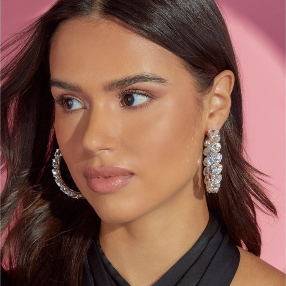 Luxe Large Fine Silver Plated Heart Crystal Hoop Earrings